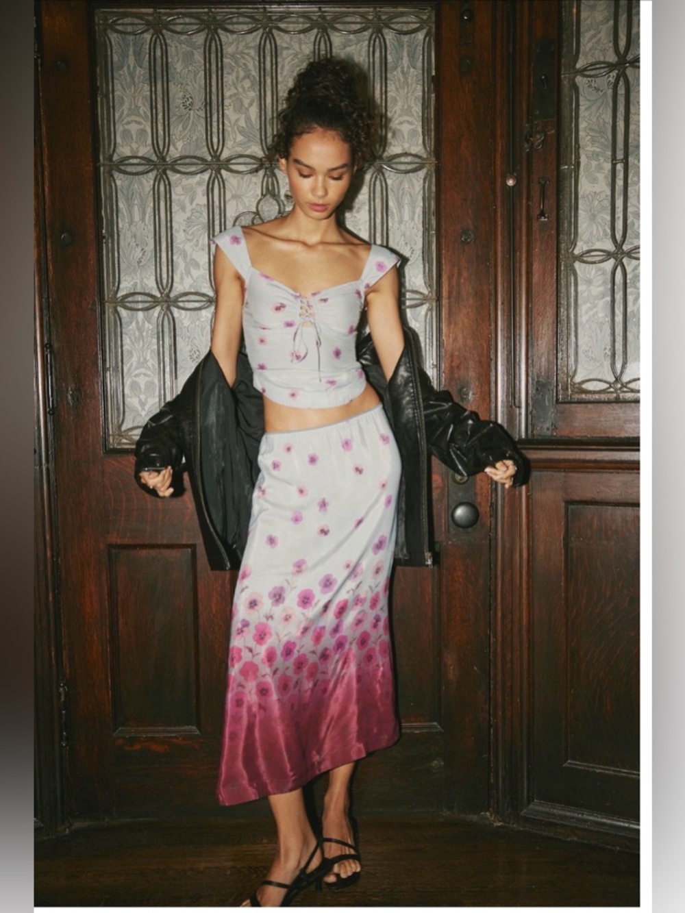 Free People Lavender Floral Tie-Front Bustier Top & A-Line Midi Skirt Set